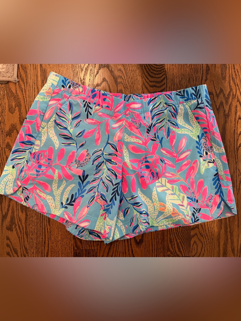 Lilly Pulitzer Blue Shorts with Pink Tropical Leaf Print